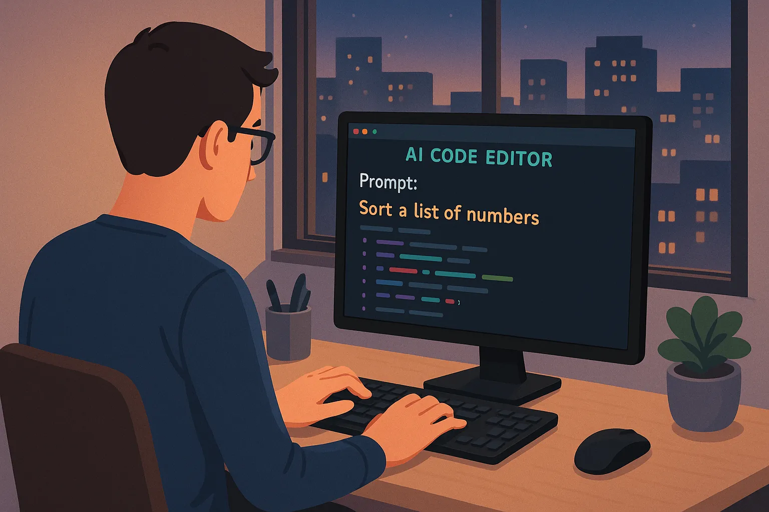 노트북 앞에 앉아 AI 코드 에디터에 프롬프트를 입력하고 있는 개발자. 주변은 정돈되어 있고 창밖에는 해가 지는 도심 풍경.