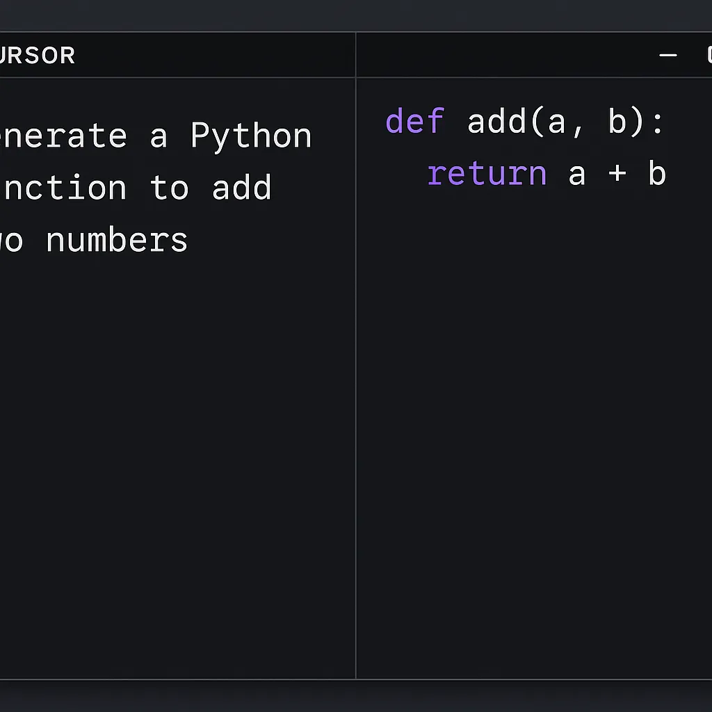 Cursor 코드 에디터 창에 간단한 자연어 요구사항을 입력하고, 그에 따라 자동 생성된 코드 초안이 나타나는 화면