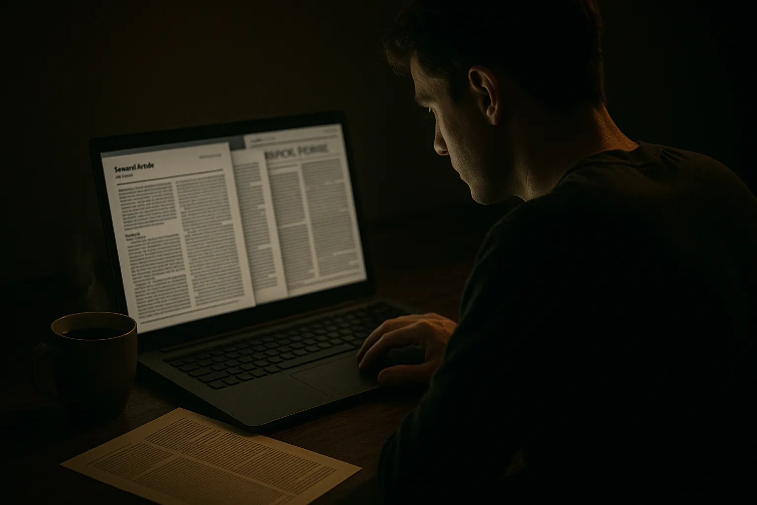 노트북 화면에 질병 검색 결과를 집중해 읽는 사람, 밤 조명 아래 책상 위에 커피잔, 배경에는 의료 저널 PDF가 겹겹이 열려 있는 모습