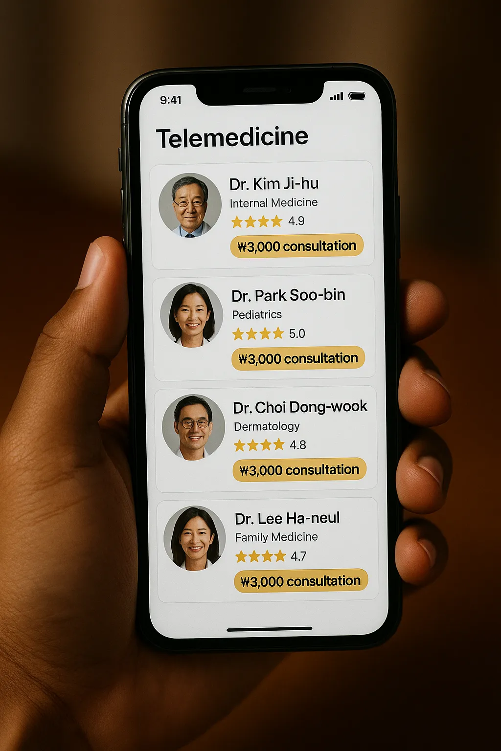 스마트폰 화면에 비대면 진료 앱이 켜져 있고, 별점이 높게 표시된 여러 의사의 프로필이 스크롤되는 장면
