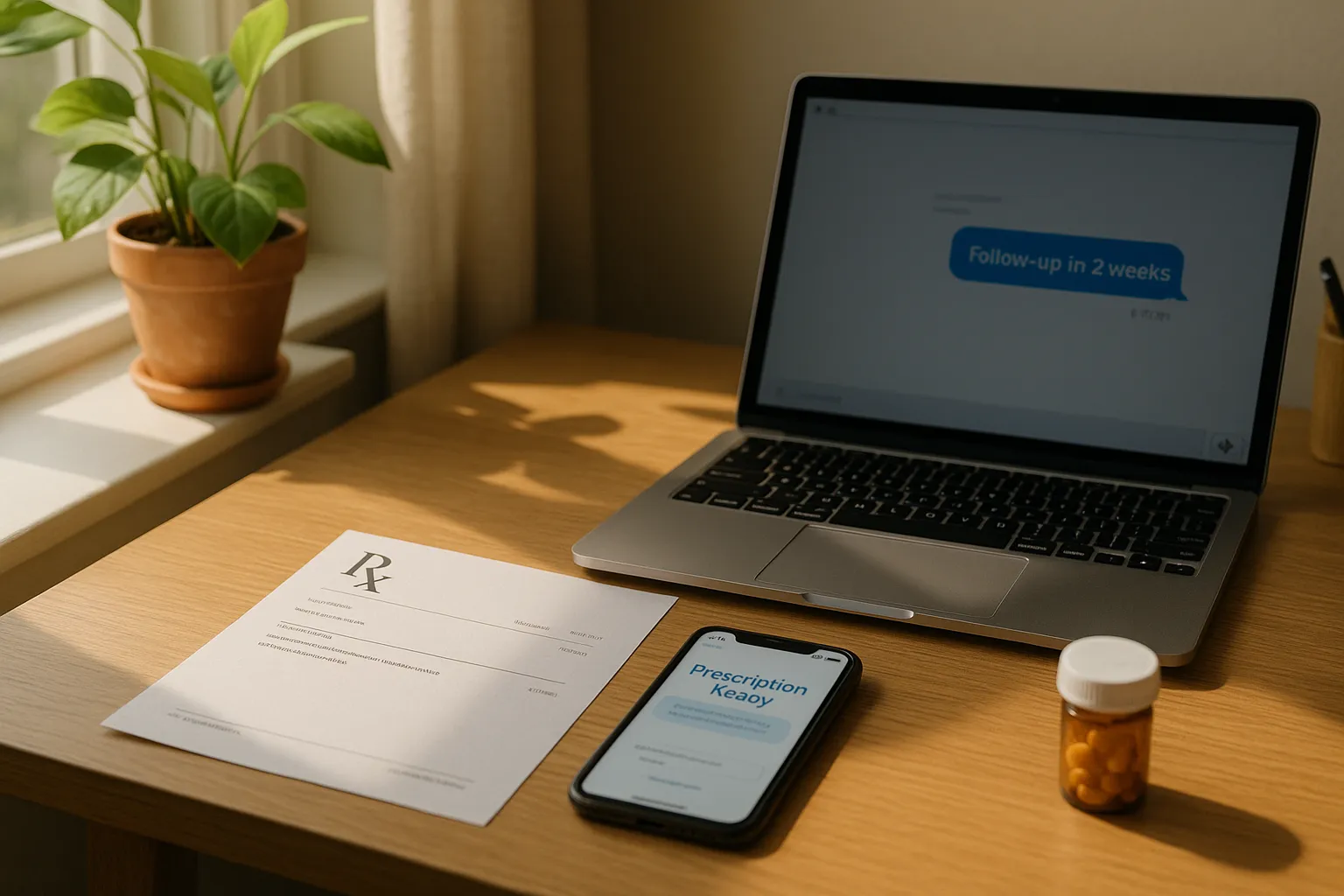 햇살 드는 방 안, 창가 책상 위에 스마트폰과 처방전, 노트북 화면에는 ‘Follow-up in 2 weeks’가 표시된 LLM 채팅창이 열려 있고, 옆에는 반쯤 비어 있는 약병